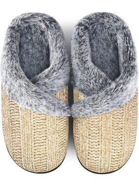 〽️Women's Beige Slippers Closed Toe Winter Slip on No Heel Bedroom Home Shoes
